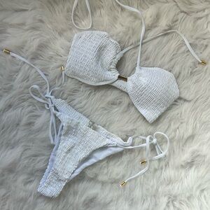 SHEIN White Textured Smocked String Bikini Set